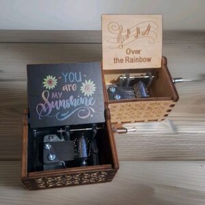 x2 Mini Wooden Hand Cranked Music Boxes Over The Rainbow & You Are My Sunshine